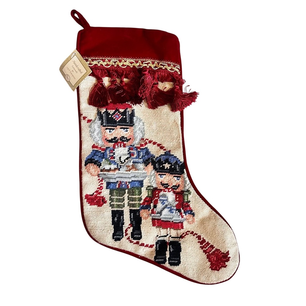 Nutcracker Needlepoint Christmas Stocking Red Velvet Tassels NWT C&F Enterprises